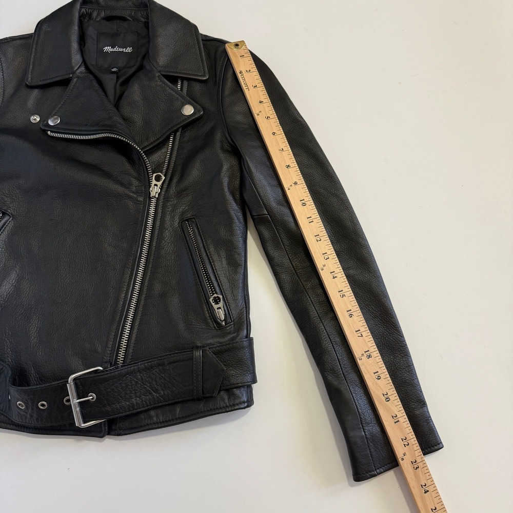 Madewell Washed Leather Motorcycle Jacket Black B0648 XS Womens Biker Belted - Picture 10 of 12